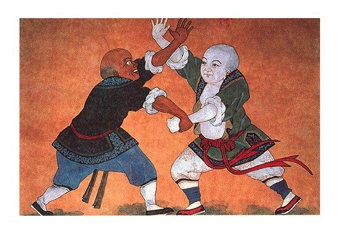 Pintura antigua de dos personas practicando Wu Shu